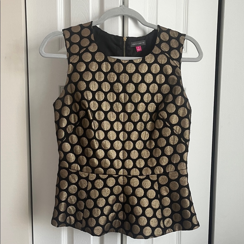 Vince Camuto Black and Gold Polka Dot Peplum Blouse